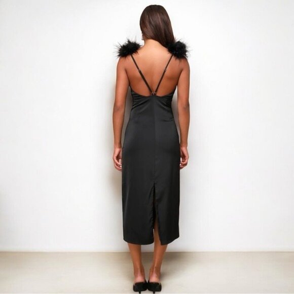 🌻NEW w/tag Lulus Exquisite Invite Black Satin Feather Backless Midi Dress SMALL - Picture 8 of 13